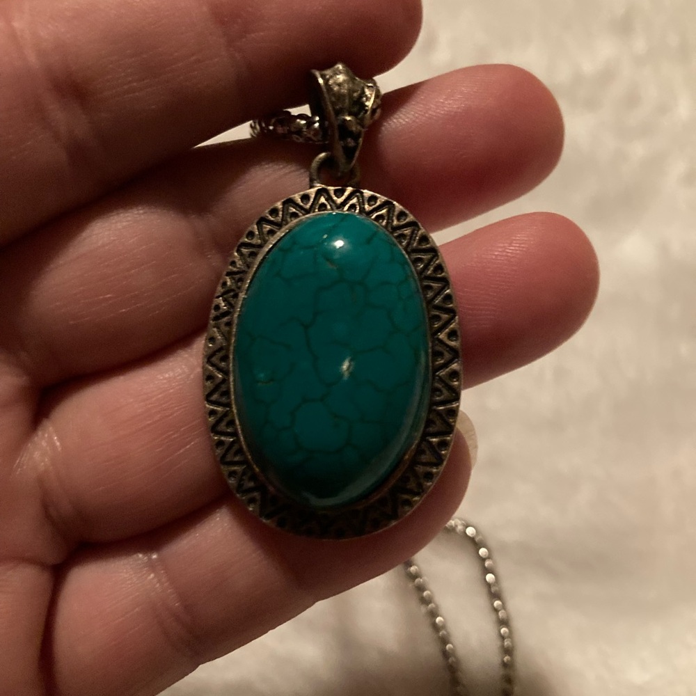 NO TAGS Faux  Turquoise Oval with Gold and black design